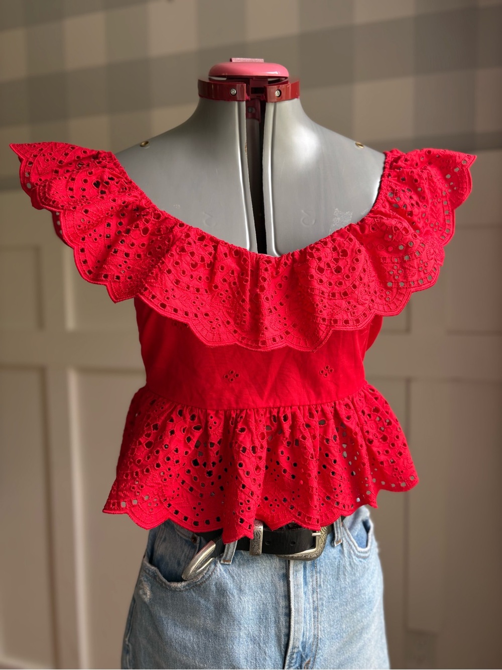 Zara Red Eyelet Ruffle Peplum Tank Top Small